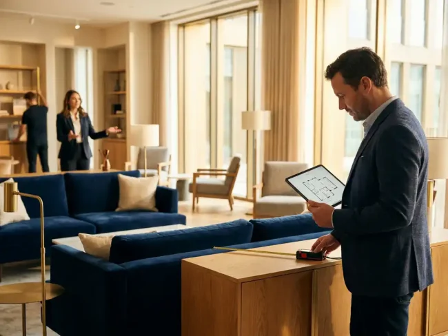Architect measuring furniture placement with tablet in modern living room while industry professionals arrange seating and displays in background