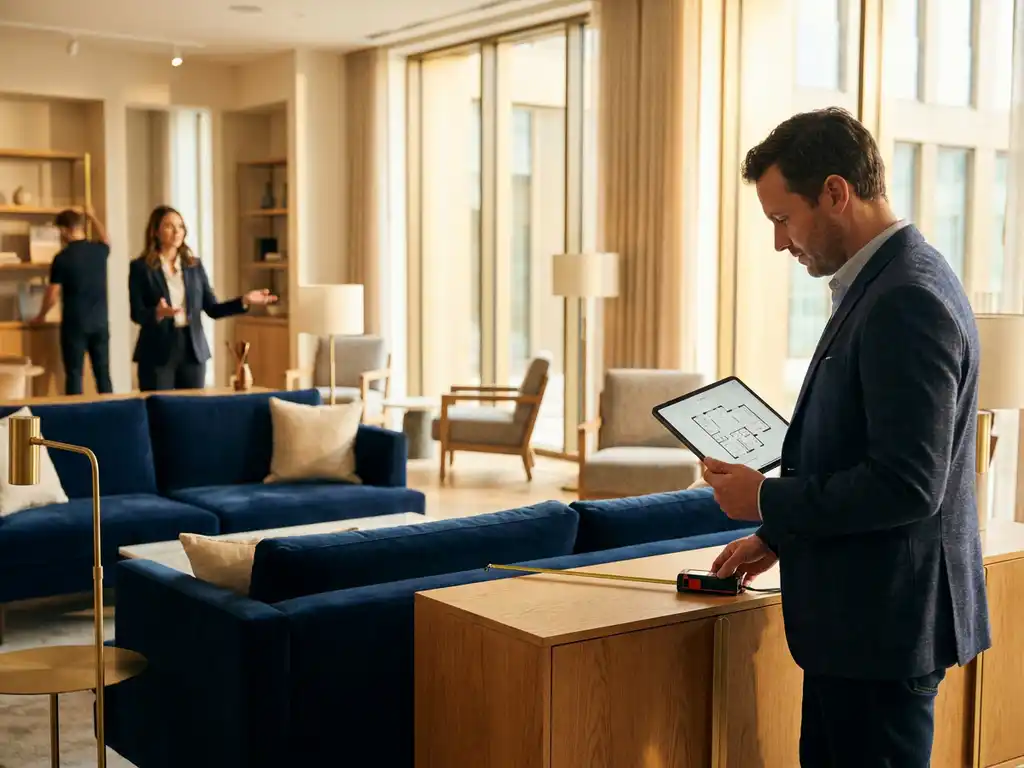 Architect measuring furniture placement with tablet in modern living room while industry professionals arrange seating and displays in background