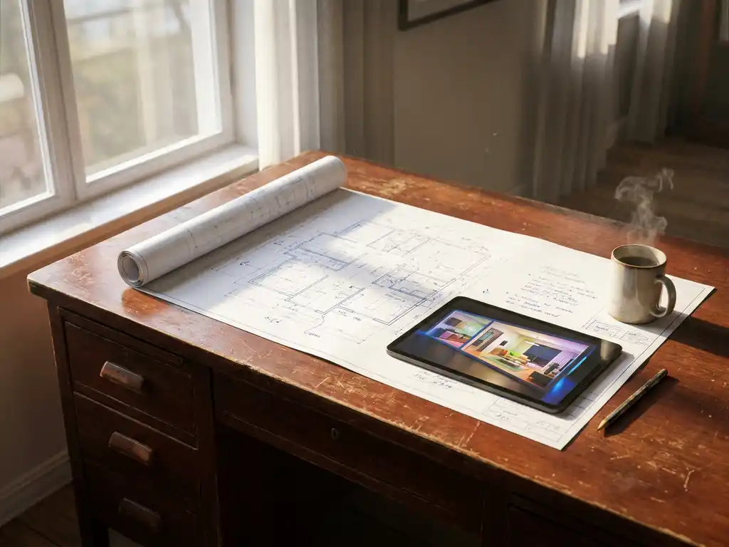 Architectural blueprint on wooden desk with tablet showing 3D room layout, coffee cup, and pencil in natural morning light