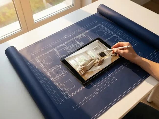 Architectural blueprint on white desk with tablet displaying 3D rendered living room, natural light highlighting design contrast