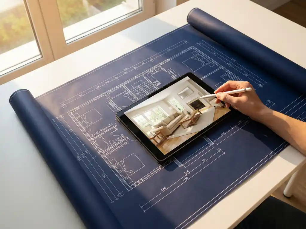 Architectural blueprint on white desk with tablet displaying 3D rendered living room, natural light highlighting design contrast