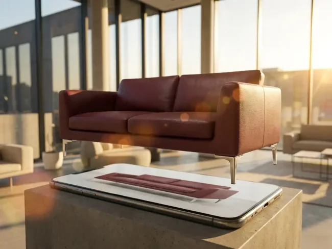 Burgundy leather sofa with chrome legs floating above smartphone displaying same furniture in contemporary showroom with golden sunlight