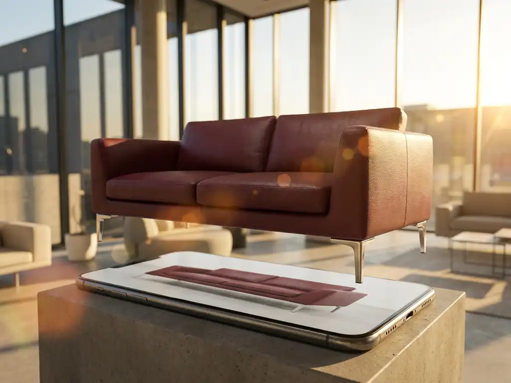 Burgundy leather sofa with chrome legs floating above smartphone displaying same furniture in contemporary showroom with golden sunlight