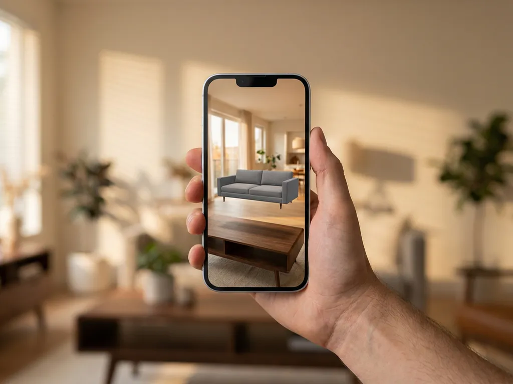 Smartphone displaying 3D augmented reality sofa hovering above wooden coffee table in bright modern living room
