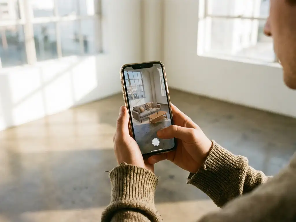 Hands holding smartphone displaying augmented reality furniture in empty white room with natural lighting