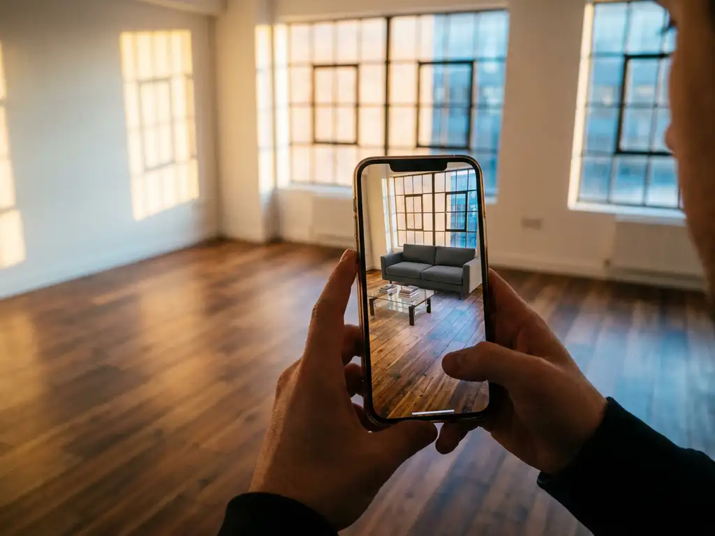 Person holding smartphone showing augmented reality furniture overlay in empty living room with natural light and wood floors