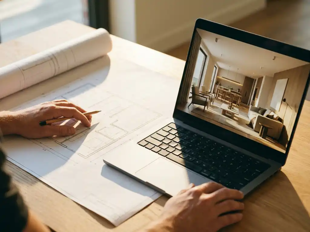 Architect's desk with blueprint floor plan and laptop displaying 3D rendered room design in warm natural lighting