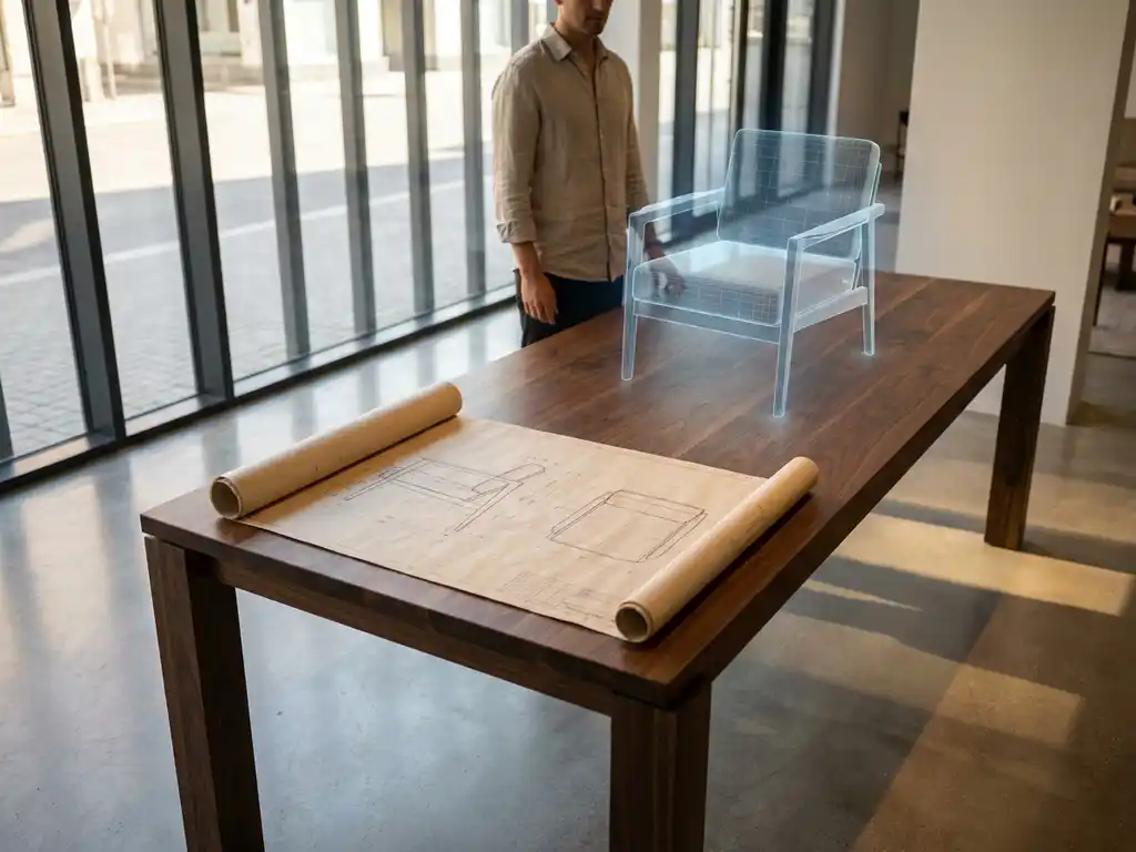 Wooden dining table with chair blueprint and 3D holographic projection in modern showroom with natural lighting
