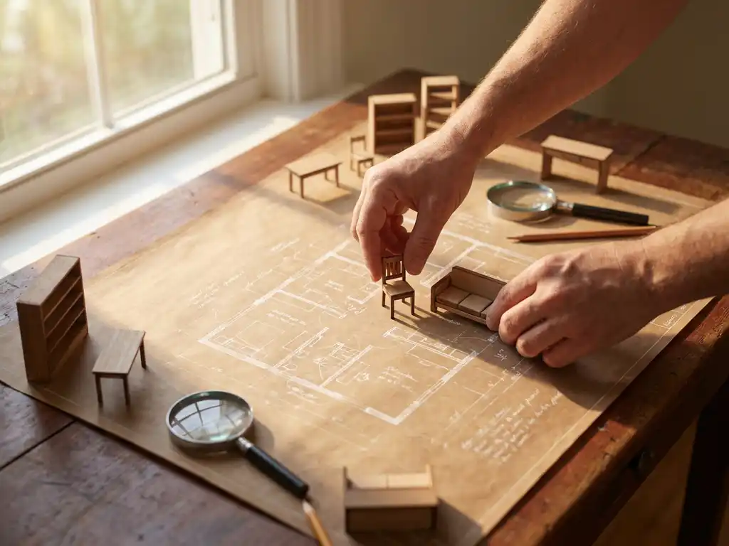Hands arranging miniature furniture on architectural floor plan spread across wooden table in warm afternoon sunlight