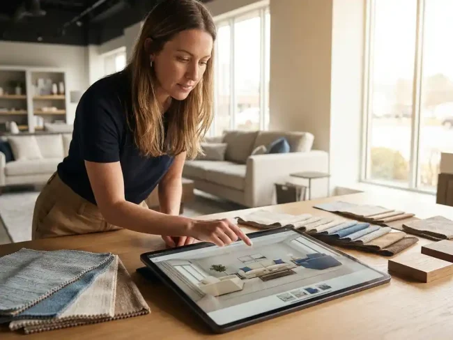 Customer examining 3D room layout on tablet displaying furnished living space with configurable furniture, surrounded by fabric and wood samples on showroom desk