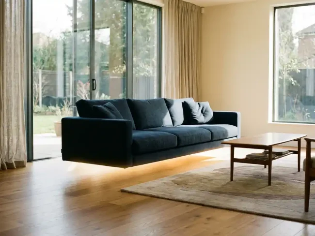 Navy blue sofa floating above polished hardwood floors in minimalist living room with floor-to-ceiling windows and natural light