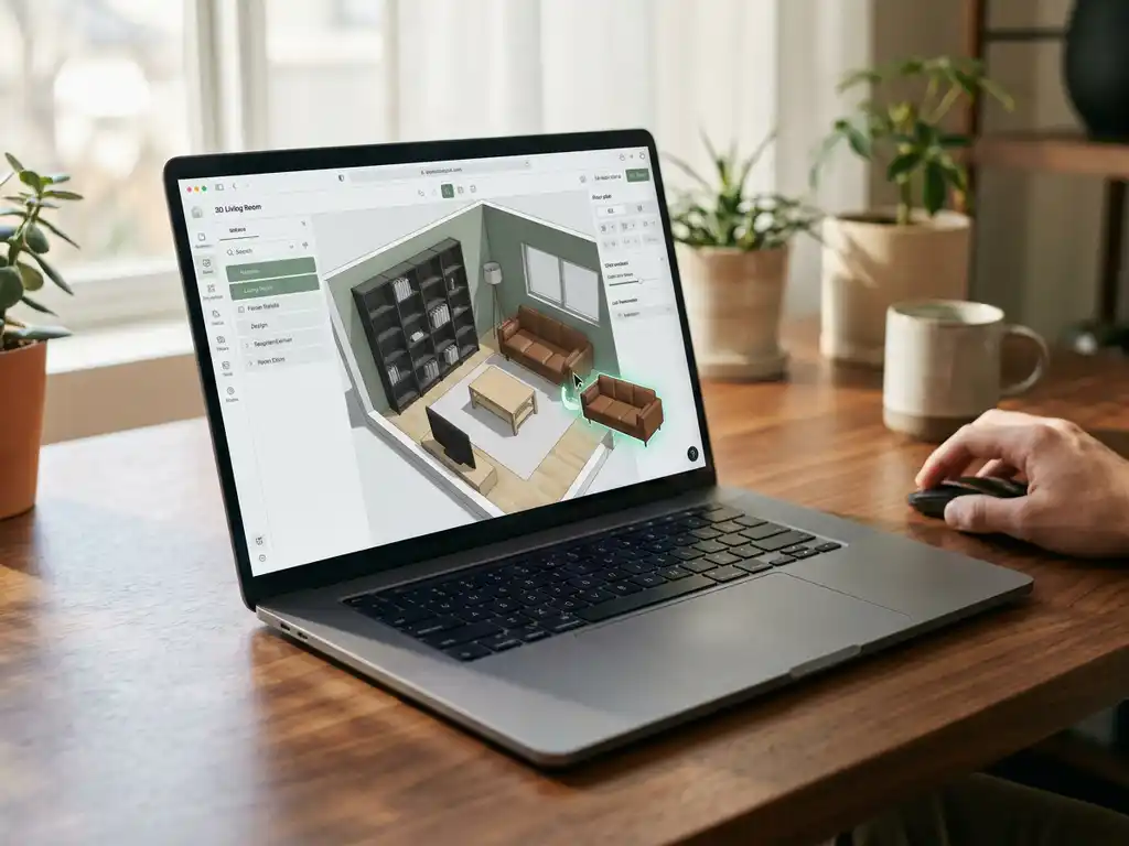 Laptop displaying 3D floor plan software with furniture being positioned in modern living room layout on wooden desk