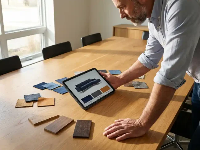 Furniture manufacturer reviewing 3D sofa configurations on tablet with fabric samples and wood finish tiles on oak conference table