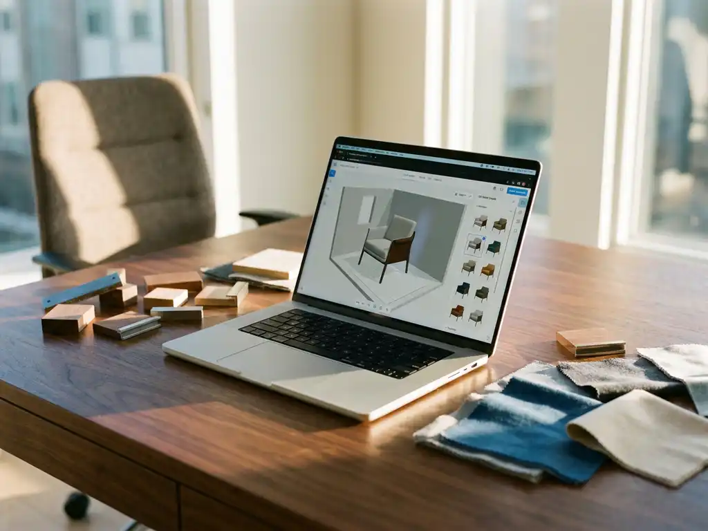 Modern laptop displaying 3D furniture configurator software on wooden desk surrounded by fabric swatches and material samples