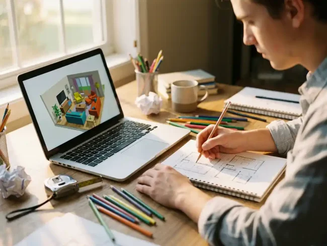 Beginner sketching furniture layouts on paper at wooden desk with laptop displaying 3D room visualization software, pencils and measuring tape nearby in warm sunlight