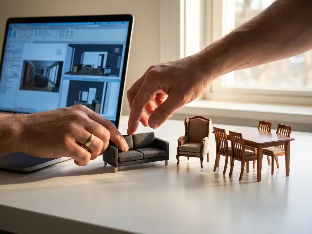 Hand selecting miniature furniture pieces including sofa, armchair, and dining table on white desk next to laptop showing 3D room layouts