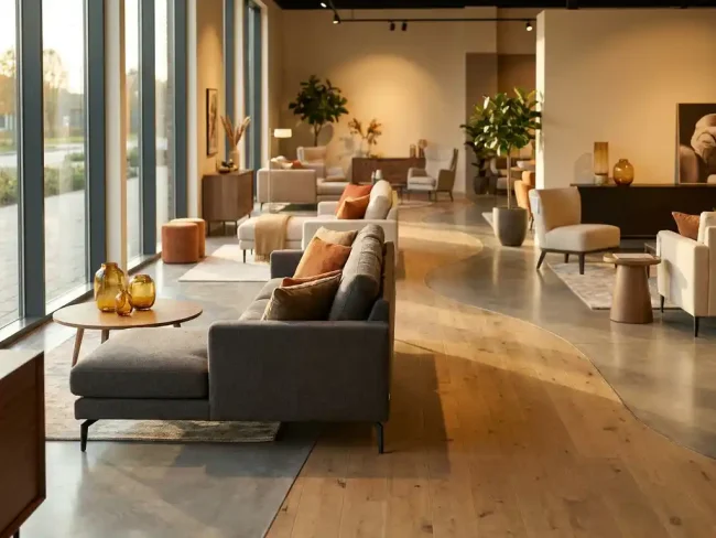 Modern furniture showroom with arranged living room sets, sleek sofa and coffee table creating natural pathways, warm light through windows highlighting wood and fabric textures in neutral tones.