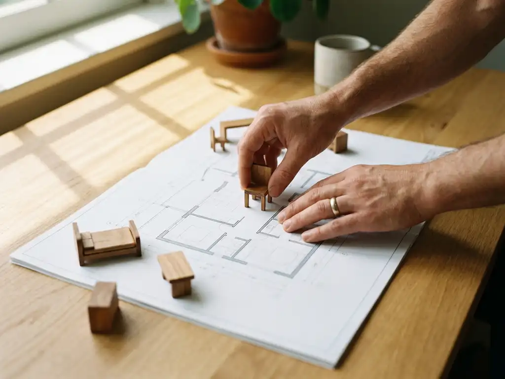Hands arranging miniature wooden furniture pieces on white architectural floor plan at oak desk with natural sunlight