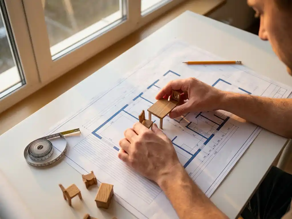 Hands arranging miniature wooden furniture on architectural floor plan with measuring tape and pencil on white desk