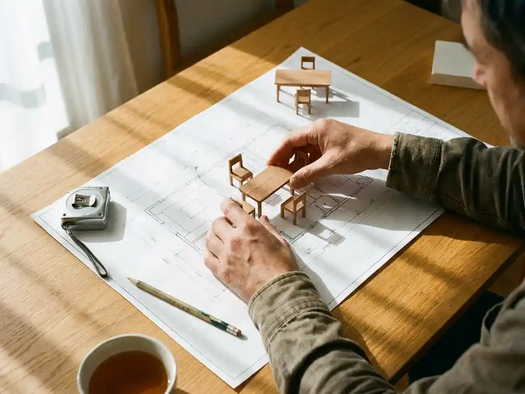 Hands arranging miniature wooden furniture on architectural floor plan at oak desk with measuring tape and pencil in natural sunlight