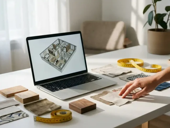 Laptop displaying 3D floor plan surrounded by fabric swatches, wood samples, and measuring tape on white desk with natural lighting