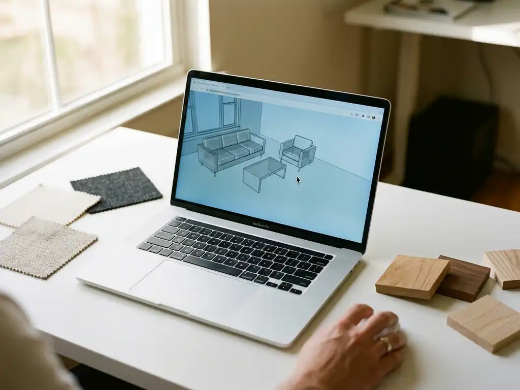 Laptop displaying 3D room design software with floating furniture pieces, surrounded by fabric swatches and wood samples on white desk