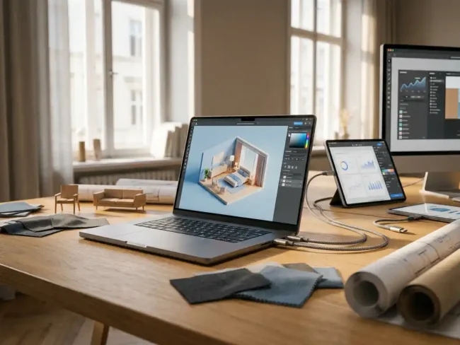 Laptop displaying 3D room layout connected to multiple software interfaces on designer's desk with fabric swatches and furniture models