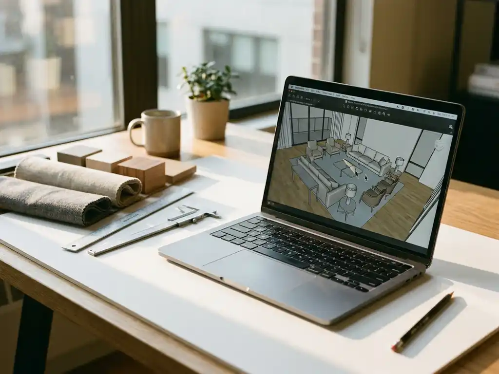 Modern laptop showing 3D room design software with furniture placement on architect's desk with measuring tools and fabric samples in natural light