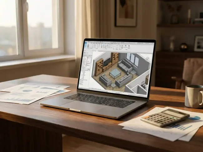 Laptop displaying 3D room layout with modern furniture on wooden desk beside pricing charts and calculator in natural lighting