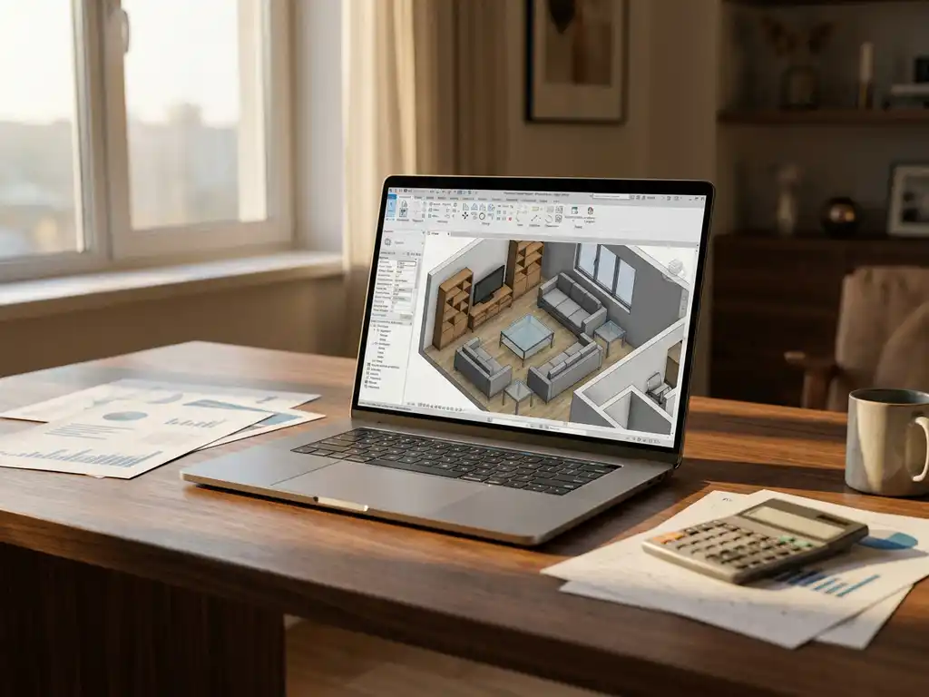 Laptop displaying 3D room layout with modern furniture on wooden desk beside pricing charts and calculator in natural lighting