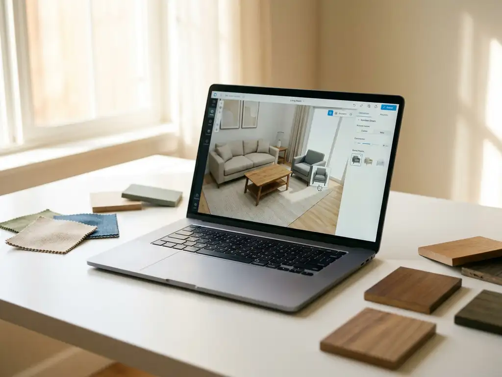 Laptop displaying 3D room design software with living room layout surrounded by fabric swatches and wood samples on designer desk