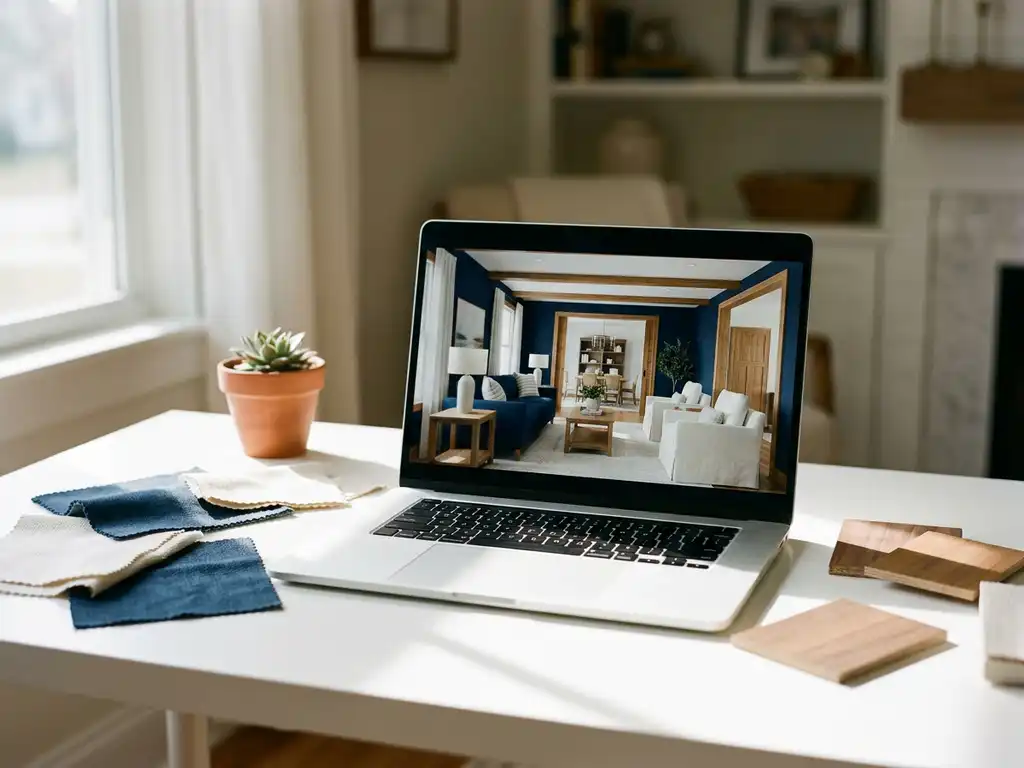 Laptop displaying 3D living room design software on white desk with fabric swatches, wood samples, and succulent plant