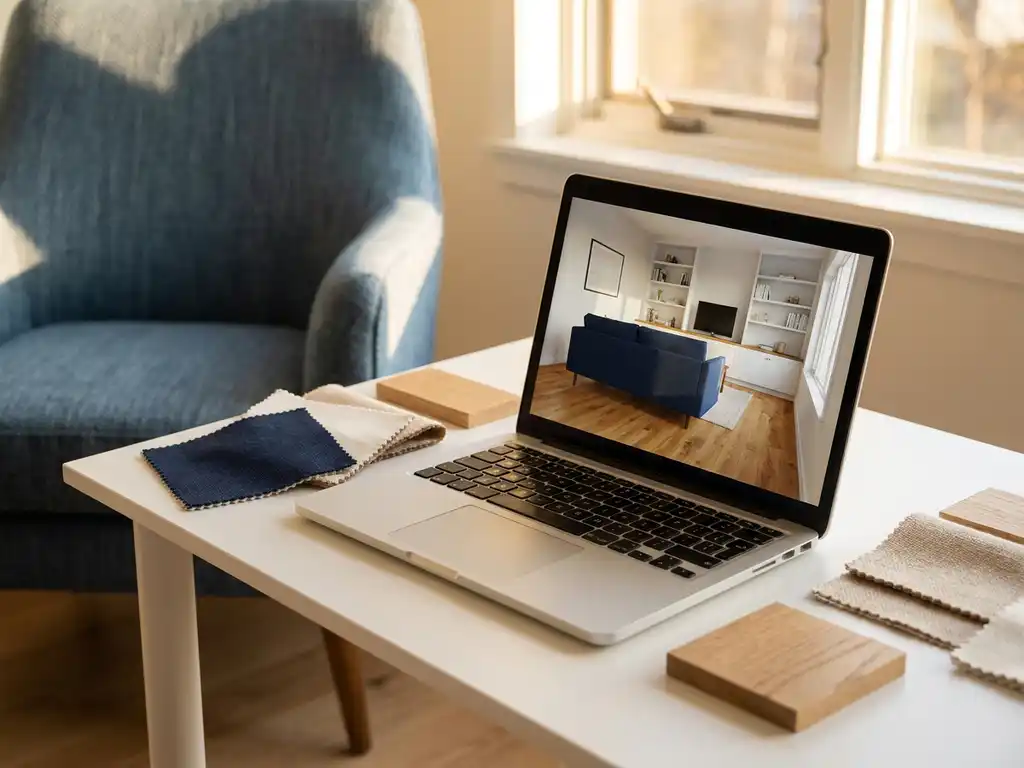 Laptop displaying 3D furnished living room design with fabric swatches and wood samples on white desk in golden hour light