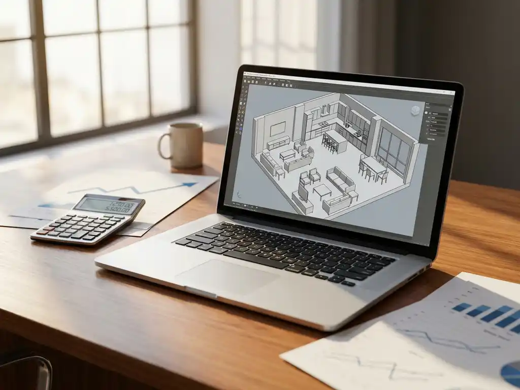 Laptop displaying 3D room layout with furniture on white desk beside calculator and financial documents with upward graphs