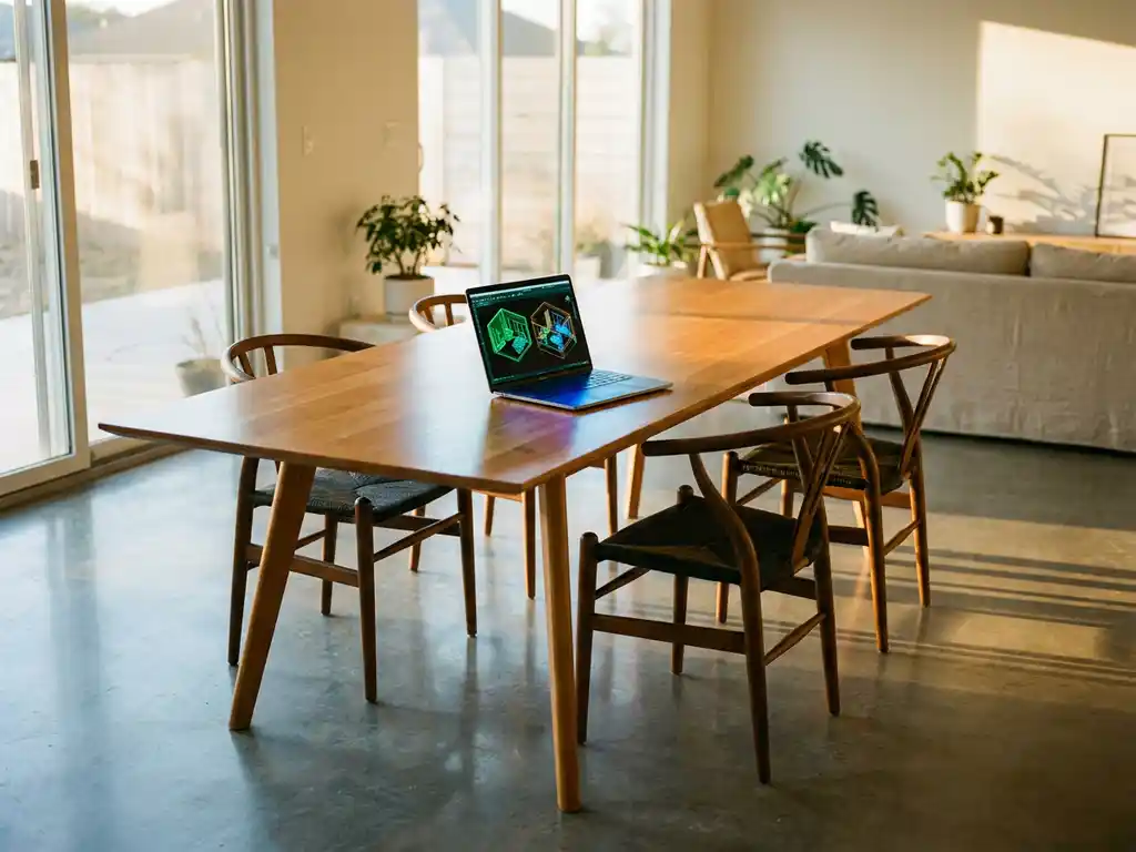 Wooden dining table with modern chairs and open laptop displaying 3D room layout wireframes in bright minimalist living room