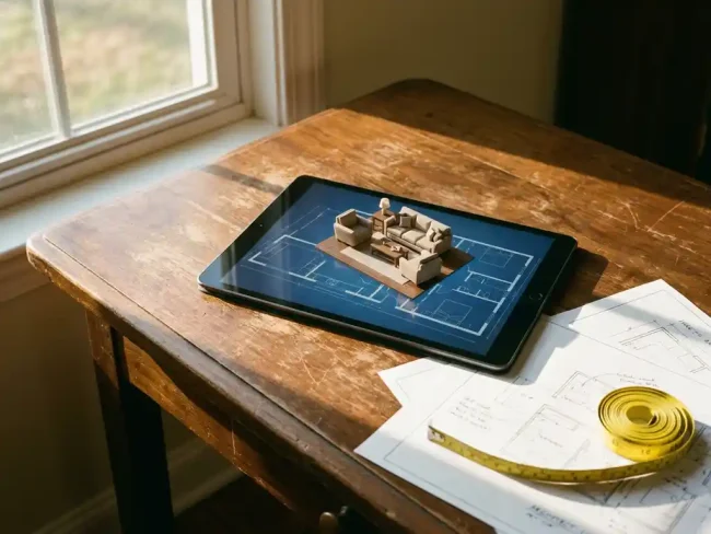Tablet displaying 3D living room with floating furniture above scattered floor plans and measuring tape on walnut desk in sunlit workspace