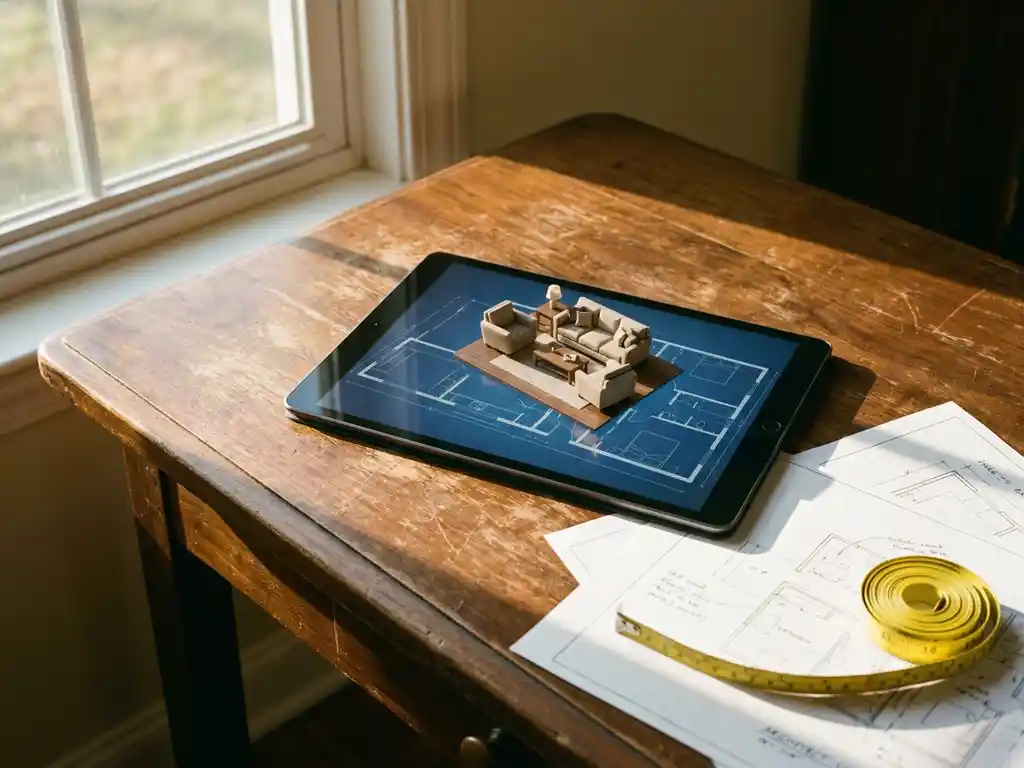 Tablet displaying 3D living room with floating furniture above scattered floor plans and measuring tape on walnut desk in sunlit workspace