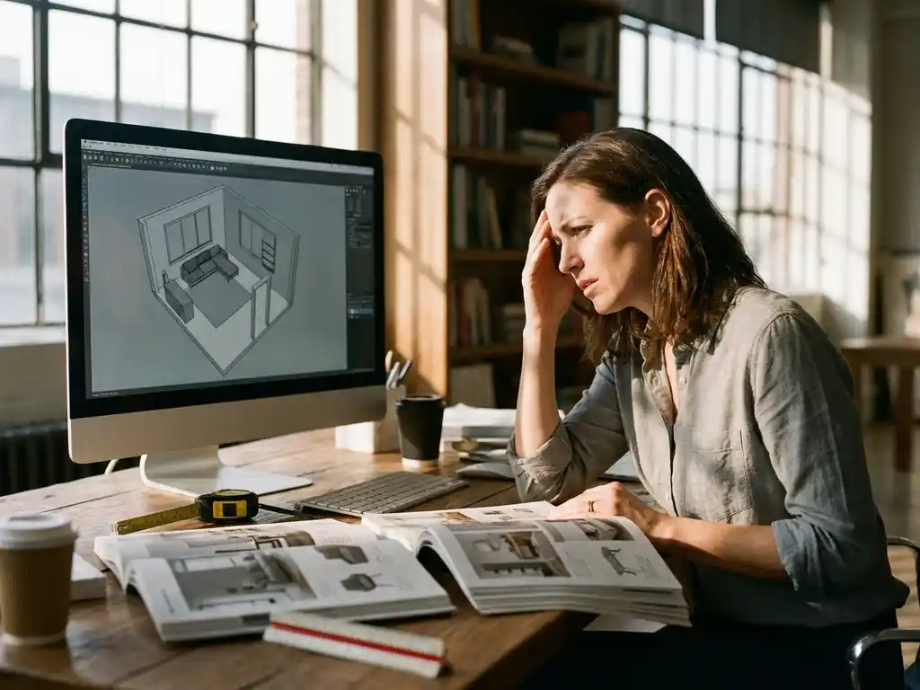 Frustrated interior designer at oak desk with blank computer screen, scattered furniture catalogs, and measurement tools in sunlit office