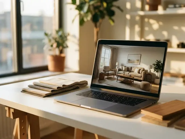 Laptop displaying 3D furnished living room model on white desk with fabric swatches and wood samples in natural light