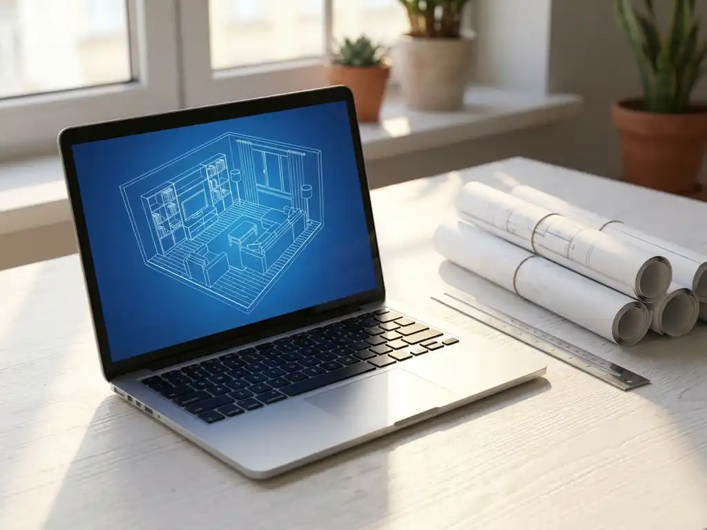 Laptop displaying 3D room layout software on white desk with architectural drawings and ruler in natural window light
