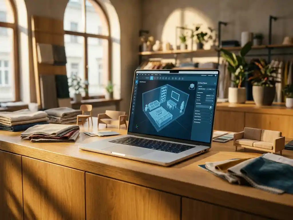 Laptop displaying 3D room layout software on wooden counter with fabric swatches and furniture samples in sunlit workspace