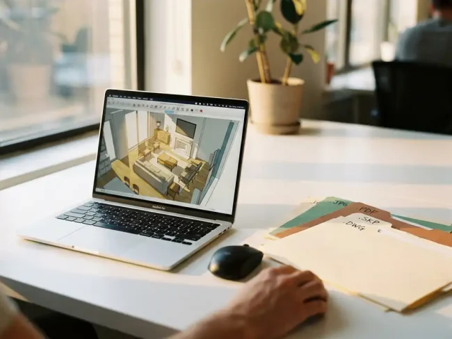Laptop displaying 3D room layout on modern white desk with scattered file folders and wireless mouse in warm natural lighting