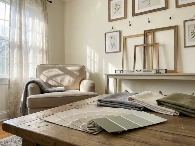 Living room corner with paint swatches and fabric samples on wooden coffee table, partially hung gallery wall frames, and warm sunlight through sheer curtains.