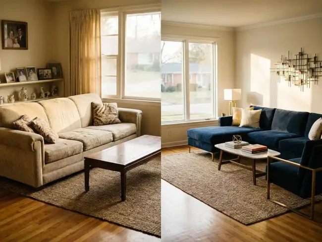 Modern living room transformation showing outdated beige furniture on left contrasting with contemporary navy sofas and brass accents on right