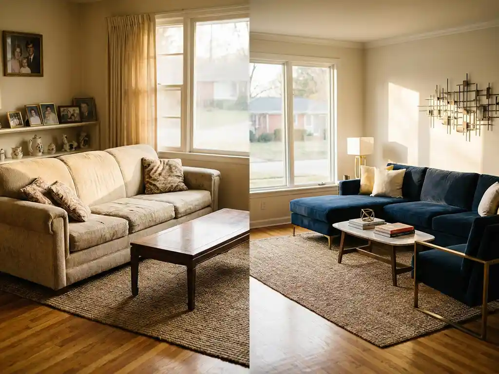 Modern living room transformation showing outdated beige furniture on left contrasting with contemporary navy sofas and brass accents on right