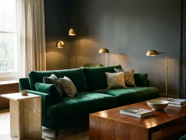 Luxurious living room with emerald velvet sofa, charcoal walls, brass lighting, and mahogany coffee table with marble accents