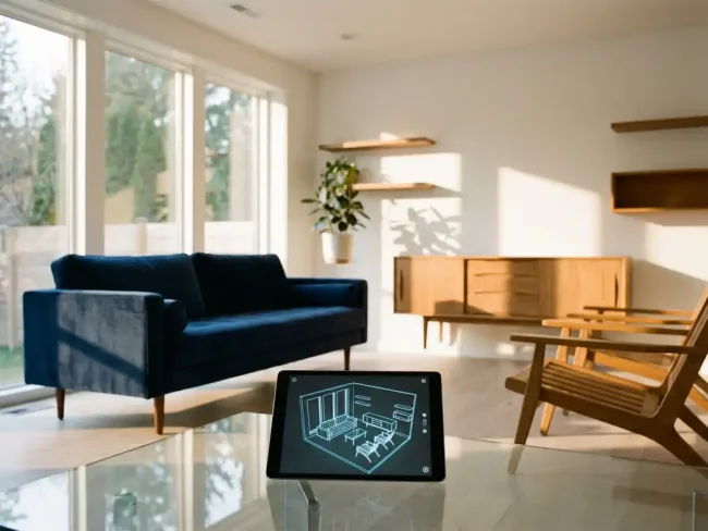 Modern living room with floating furniture mid-transformation, tablet showing 3D room layout on glass coffee table, navy sofa and oak accents in sunlit space