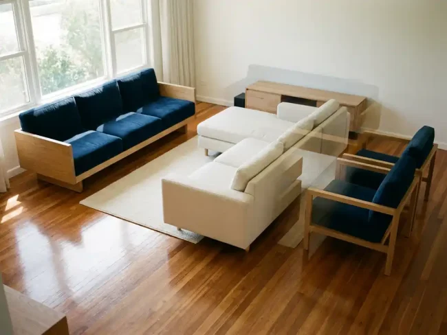 Modern living room with navy blue sofa shown in multiple positions and colors, warm oak floors, large windows with natural light
