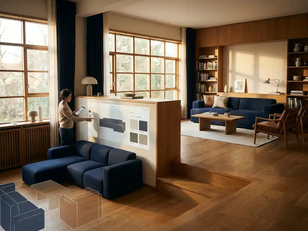 Modern living room with navy sofa being digitally customized alongside complete furniture arrangement planning, warm natural light through large windows