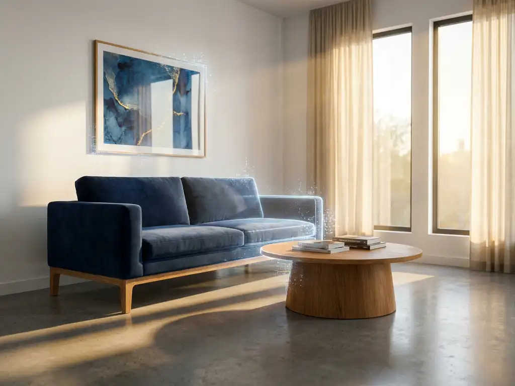 Modern living room transformation showing contemporary navy sofa, coffee table, and wall art materializing in sunlit space with oak accents